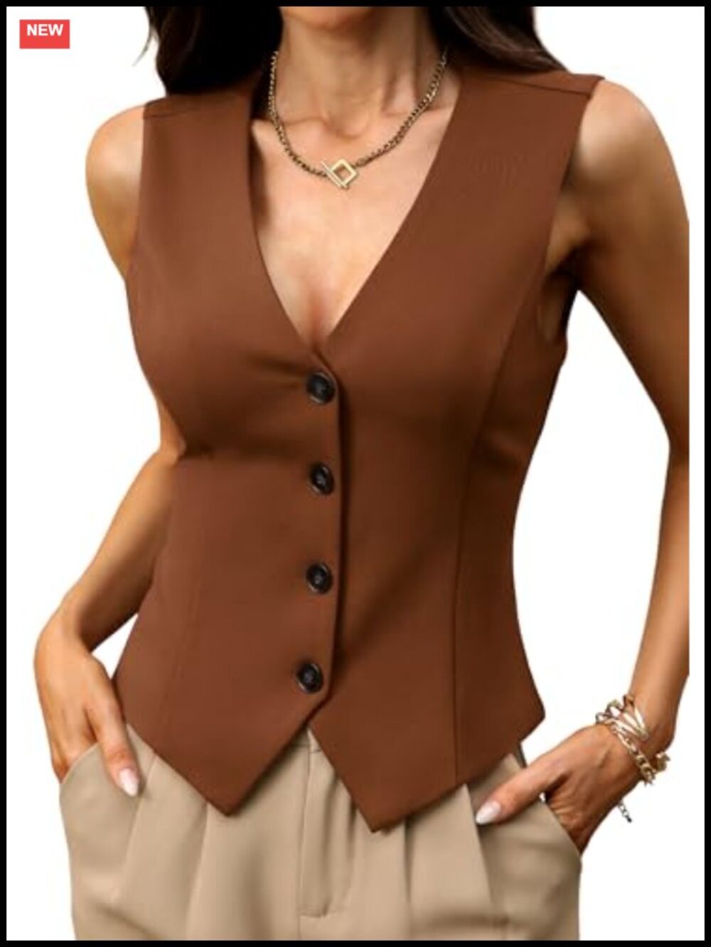 High Stretch Knit Vest Top V-Neck Button Sleeveless Business Casual
